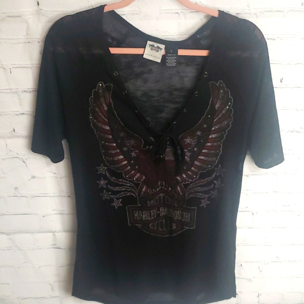 NWOT Harley Davidson Womens Shirt.. Size L ..Semi Sheer Black with Crystals